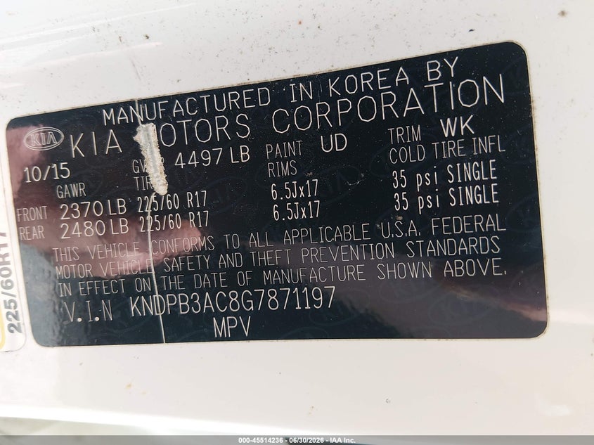 2016 Kia Sportage VIN KNDPB3AC8G7871197 IAAI salvage auction — FRONT END, Salvage Title, sold $1,650 on 2026-07-22 (photo 9)