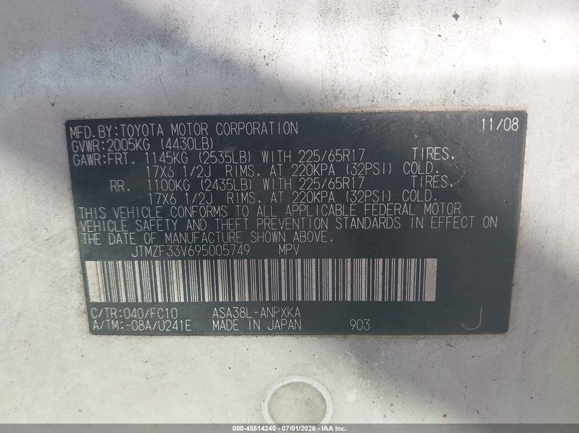 2009 Toyota Rav4 VIN JTMZF33V695005749 IAAI salvage auction — NORMAL WEAR, Clear (Tennessee), sold $2,000 on 2026-07-09 (photo 9)