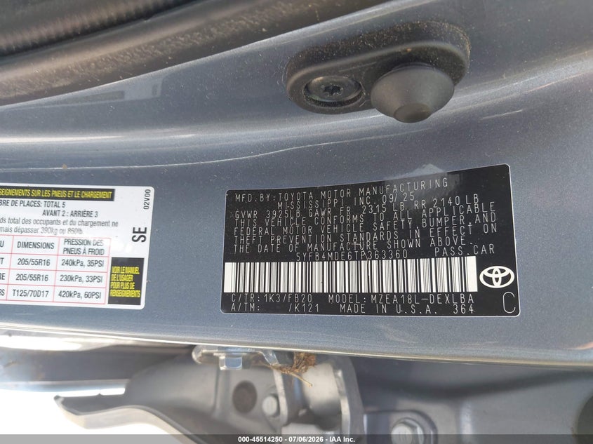 2026 Toyota Corolla VIN 5YFB4MDE6TP363360 IAAI salvage auction — ROLLOVER, Certificate Of Destruction (Florida), sold $25 on 2026-07-14 (photo 9)