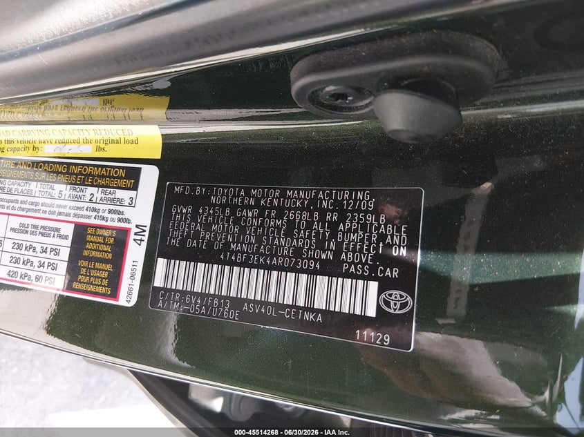 2010 Toyota Camry VIN 4T4BF3EK4AR073094 IAAI salvage auction — NORMAL WEAR, Original (Texas), sold $975 on 2026-07-26 (photo 9)