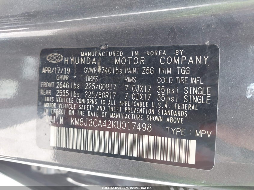 2019 Hyundai Tucson VIN KM8J3CA42KU017498 IAAI salvage auction — FRONT END, Salvage Title, sold $4,700 on 2026-07-16 (photo 9)