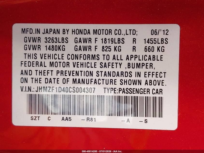 2012 Honda Cr-z VIN JHMZF1D40CS004307 IAAI salvage auction — FRONT END, Salvage (Texas), sold $850 on 2026-07-30 (photo 9)