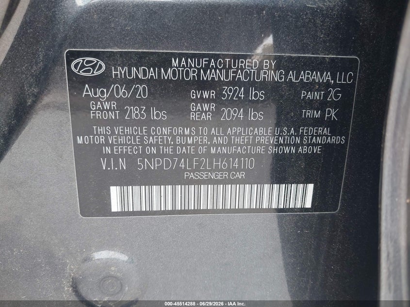 2020 Hyundai Elantra VIN 5NPD74LF2LH614110 IAAI salvage auction — NORMAL WEAR, Sf97 (New Hampshire), sold $10,000 on 2026-08-20 (photo 9)