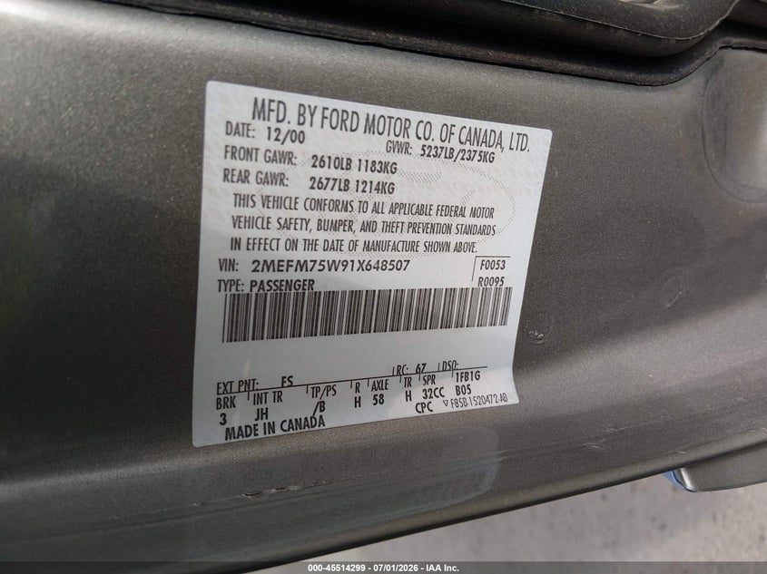 2001 Mercury Grand marquis VIN 2MEFM75W91X648507 IAAI salvage auction — NORMAL WEAR, Clear (Texas), sold $2,050 on 2026-07-09 (photo 9)
