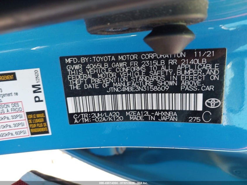 2022 Toyota Corolla VIN JTNC4MBE3N3158609 IAAI salvage auction — LEFT SIDE, Salvage (Pennsylvania), sold $3,900 on 2026-07-29 (photo 9)