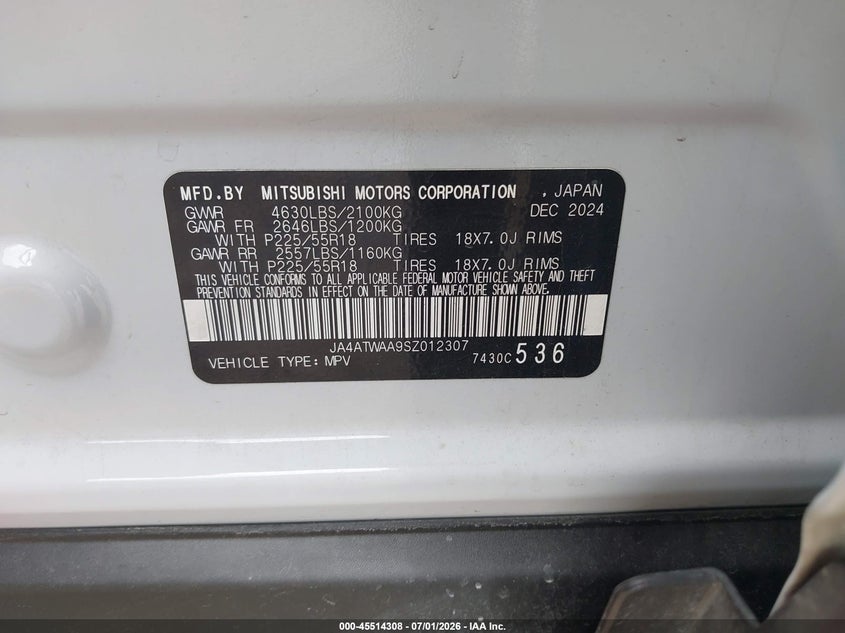 2025 Mitsubishi Eclipse cross VIN JA4ATWAA9SZ012307 IAAI salvage auction — RIGHT SIDE, Enterprise Vehicles Clear Only (Texas), sold $8,350 on 2026-07-28 (photo 9)