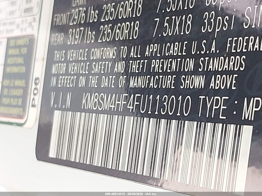 2015 Hyundai Santa fe VIN KM8SM4HF4FU113010 IAAI salvage auction — REPOSSESSION, Original (Texas), sold $2,200 on 2026-07-15 (photo 9)