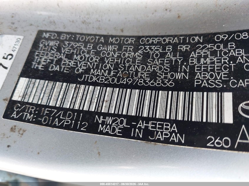 2009 Toyota Prius VIN JTDKB20U497836836 IAAI salvage auction — NORMAL WEAR, Clear (Massachusetts), sold $475 on 2026-07-28 (photo 9)