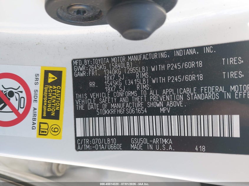 2015 Toyota Highlander VIN 5TDKKRFH6FS061654 IAAI salvage auction — NORMAL WEAR, Original (Texas), sold $5,800 on 2026-07-16 (photo 9)