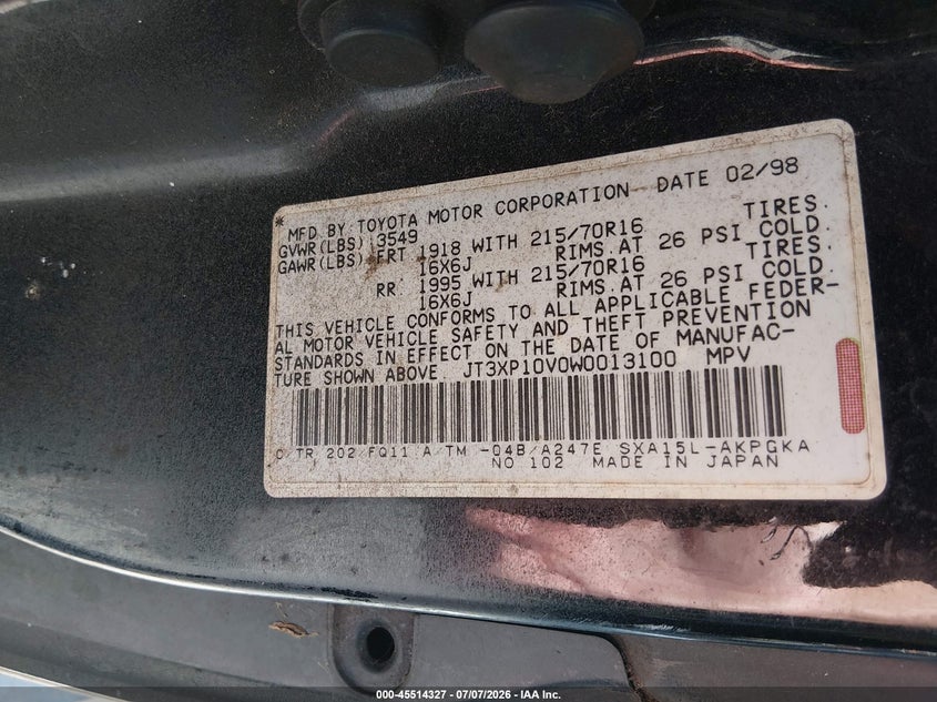1998 Toyota Rav4 VIN JT3XP10V0W0013100 IAAI salvage auction — NORMAL WEAR, Clear-Dealer Only (North Carolina), sold $650 on 2026-07-29 (photo 9)