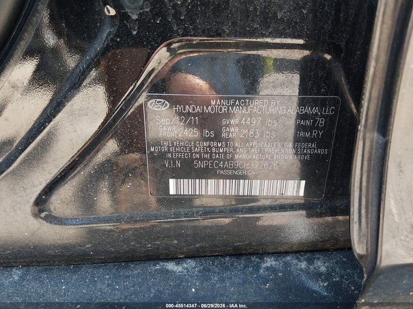 2012 Hyundai Sonata VIN 5NPEC4AB9CH372626 IAAI salvage auction — NORMAL WEAR, Clear (Maryland), sold $750 on 2026-07-16 (photo 9)