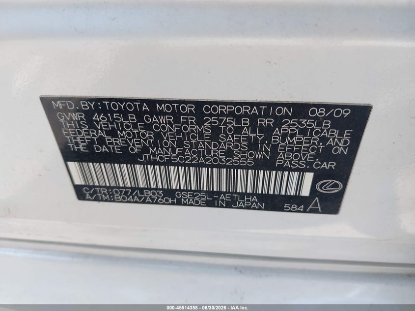 2010 Lexus Is 250 VIN JTHCF5C22A2032555 IAAI salvage auction — FRONT END, Clear (Virginia), sold $575 on 2026-07-22 (photo 9)