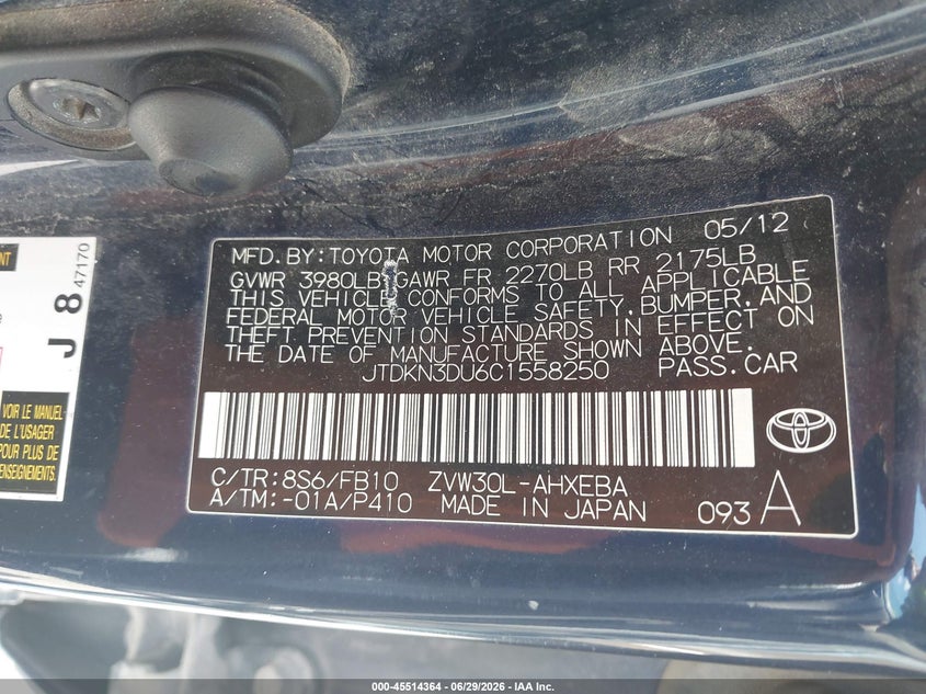 2012 Toyota Prius VIN JTDKN3DU6C1558250 IAAI salvage auction — NORMAL WEAR, Clear (Missouri), sold $975 on 2026-07-29 (photo 9)