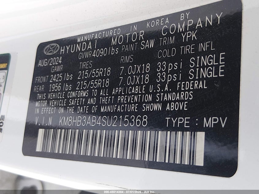 2025 Hyundai Kona VIN KM8HB3AB4SU215368 IAAI salvage auction — FRONT END, Certificate Of Destruction (Florida), sold $3,150 on 2026-07-14 (photo 9)