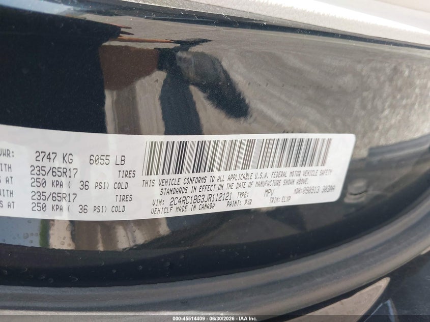 2018 Chrysler Pacifica VIN 2C4RC1BG3JR112121 IAAI salvage auction — ENGINE DAMAGE, Salvage (Indiana), sold $2,175 on 2026-08-01 (photo 9)