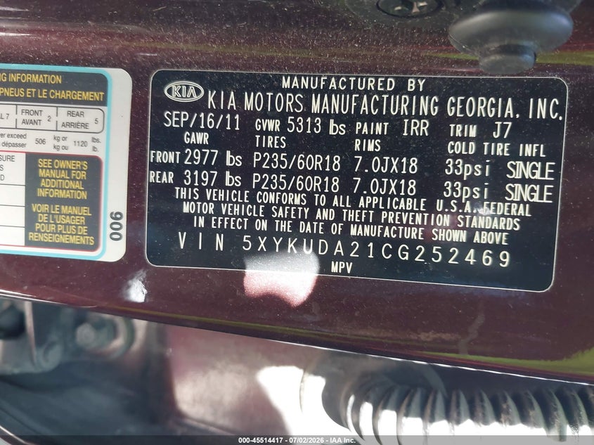 2012 Kia Sorento VIN 5XYKUDA21CG252469 IAAI salvage auction — NORMAL WEAR, Regular Certificate (Iowa), sold $1,600 on 2026-07-13 (photo 9)