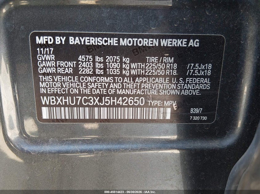 2018 BMW X1 VIN WBXHU7C3XJ5H42650 IAAI salvage auction — FRONT END, Salvage Title, sold $3,450 on 2026-08-03 (photo 9)