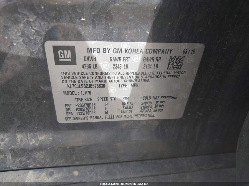 2018 Chevrolet Trax VIN KL7CJLSB2JB675636 IAAI salvage auction — REAR END, Regular (South Dakota), sold $1,750 on 2026-07-31 (photo 9)