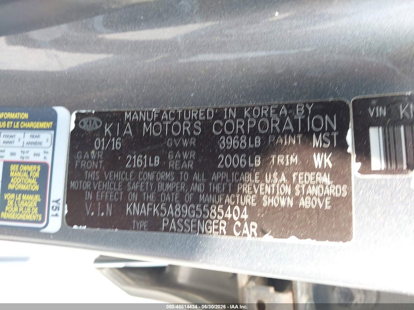 2016 Kia Forte VIN KNAFK5A89G5585404 IAAI salvage auction — FRONT END, Clear (Virginia), sold $750 on 2026-07-28 (photo 9)