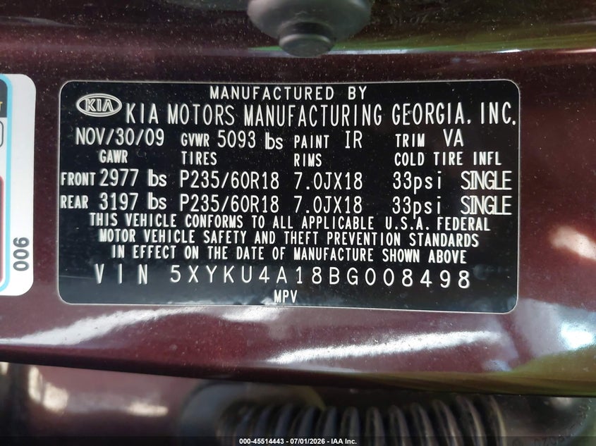 2011 Kia Sorento VIN 5XYKU4A18BG008498 IAAI salvage auction — RIGHT SIDE, Salvage (Idaho), sold $1,500 on 2026-07-22 (photo 9)