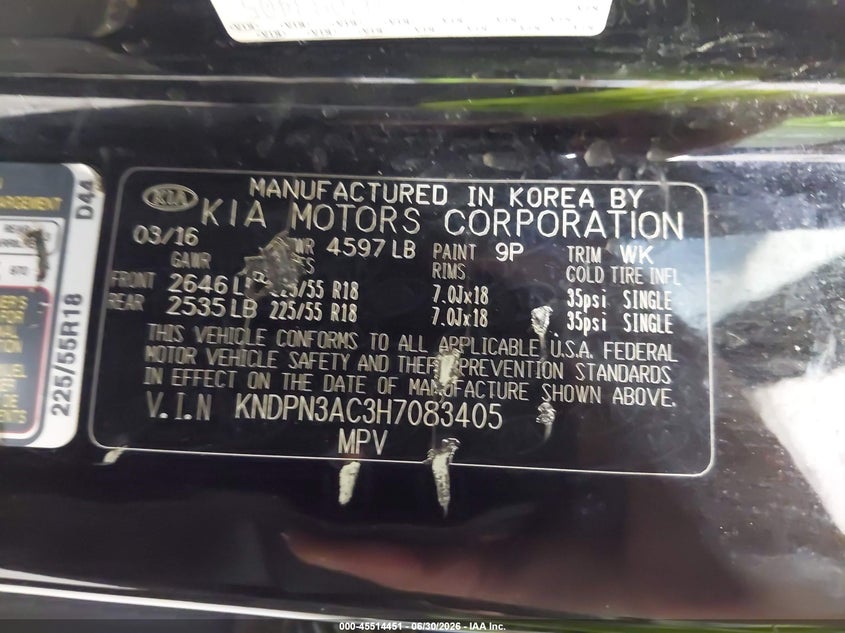 2017 Kia Sportage VIN KNDPN3AC3H7083405 IAAI salvage auction — LEFT REAR, Salvage Title, sold $2,400 on 2026-07-15 (photo 9)