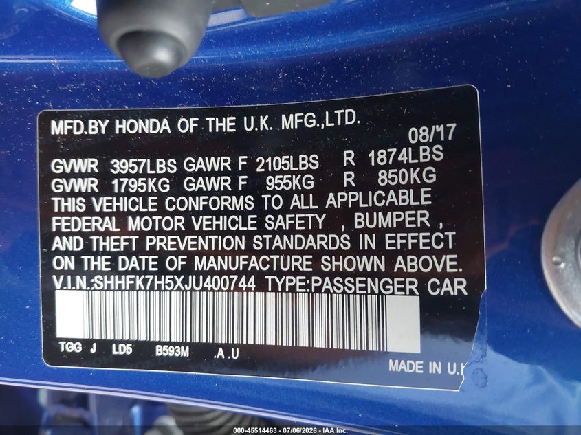 2018 Honda Civic VIN SHHFK7H5XJU400744 IAAI salvage auction — LEFT FRONT, Salvage - Greater Than 75% (Maryland), sold $4,200 on 2026-07-29 (photo 9)
