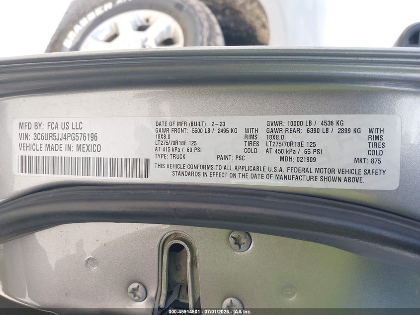 2023 Ram 2500 VIN 3C6UR5JJ4PG576196 IAAI salvage auction — REAR END, Enterprise Vehicles Clear Only (Texas), sold $16,500 on 2026-07-10 (photo 9)