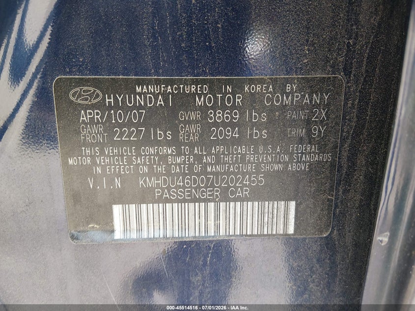 2007 Hyundai Elantra VIN KMHDU46D07U202455 IAAI salvage auction — LEFT REAR, Salvage - Greater Than 75% (Maryland), sold $300 on 2026-07-22 (photo 9)