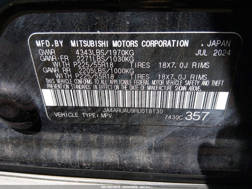 2024 Mitsubishi Outlander sport VIN JA4ARUAU9RU018130 IAAI salvage auction — LEFT FRONT, Enterprise Vehicles Clear Only (Tennessee), sold $9,600 on 2026-07-09 (photo 9)
