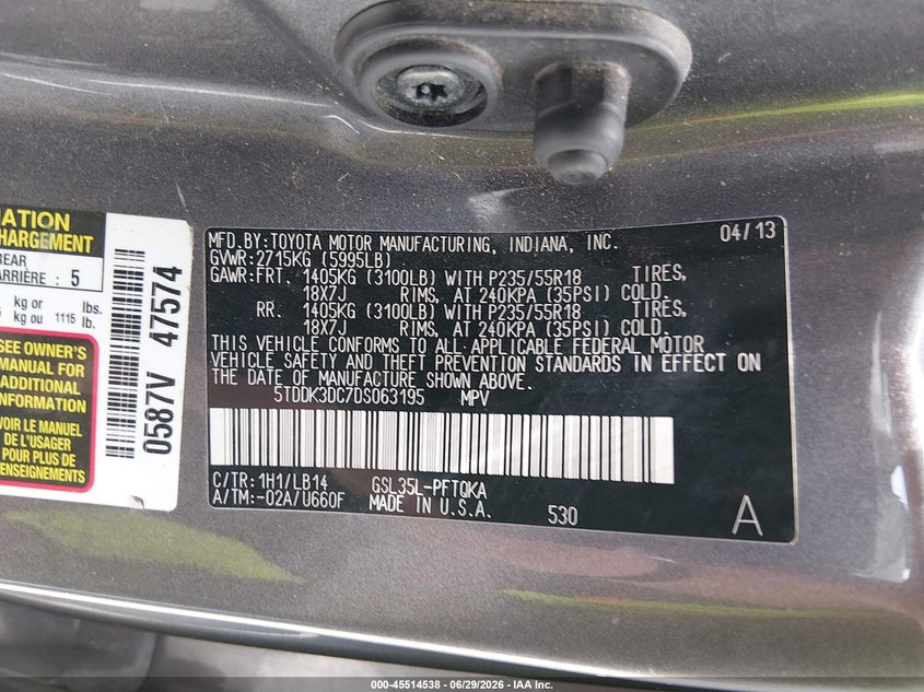 2013 Toyota Sienna VIN 5TDDK3DC7DS063195 IAAI salvage auction — NORMAL WEAR, Clear (Missouri), sold $1,425 on 2026-07-16 (photo 9)