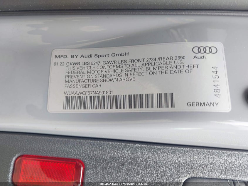 2022 Audi Rs5 VIN WUAAWCF57NA901801 IAAI salvage auction — REAR END, Salvage Title, sold $33,750 on 2026-08-10 (photo 9)