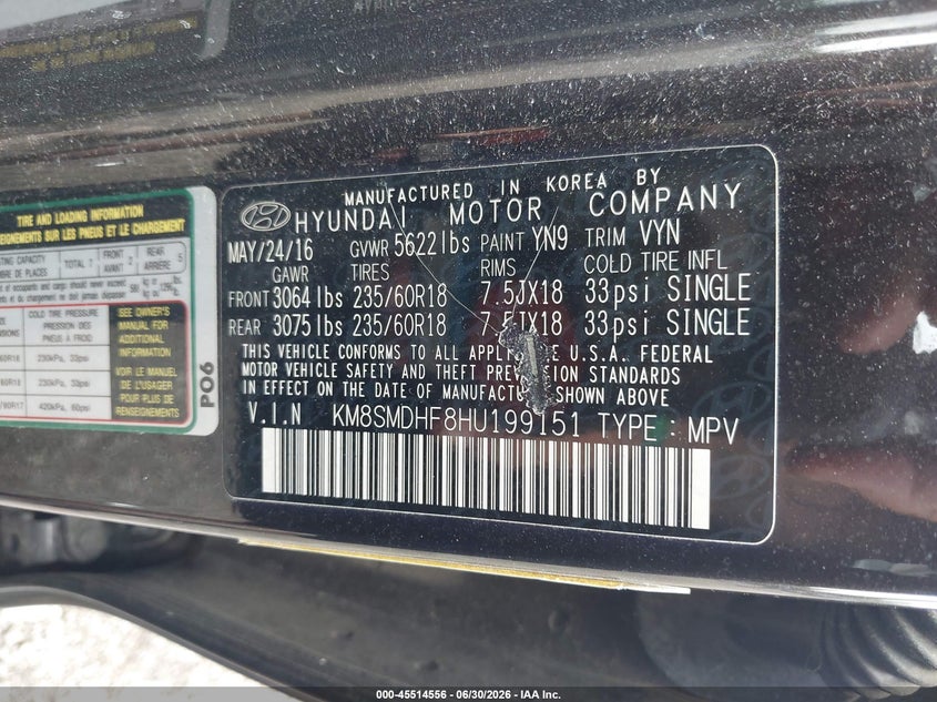 2017 Hyundai Santa fe VIN KM8SMDHF8HU199151 IAAI salvage auction — FRONT END, Salvage (Ohio), sold $2,200 on 2026-07-22 (photo 9)