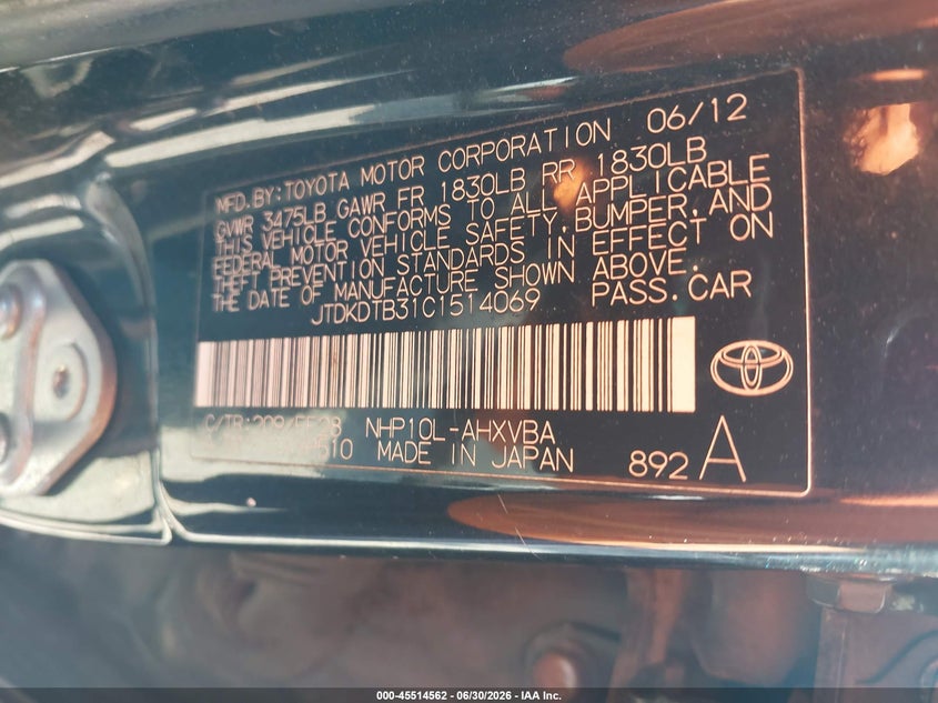 2012 Toyota Prius c VIN JTDKDTB31C1514069 IAAI salvage auction — RIGHT FRONT, Salvage (Pennsylvania), sold $900 on 2026-07-31 (photo 9)