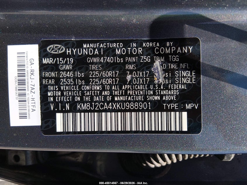 2019 Hyundai Tucson VIN KM8J2CA4XKU988901 IAAI salvage auction — NORMAL WEAR, Sf97 (New York), sold $8,450 on 2026-08-20 (photo 9)