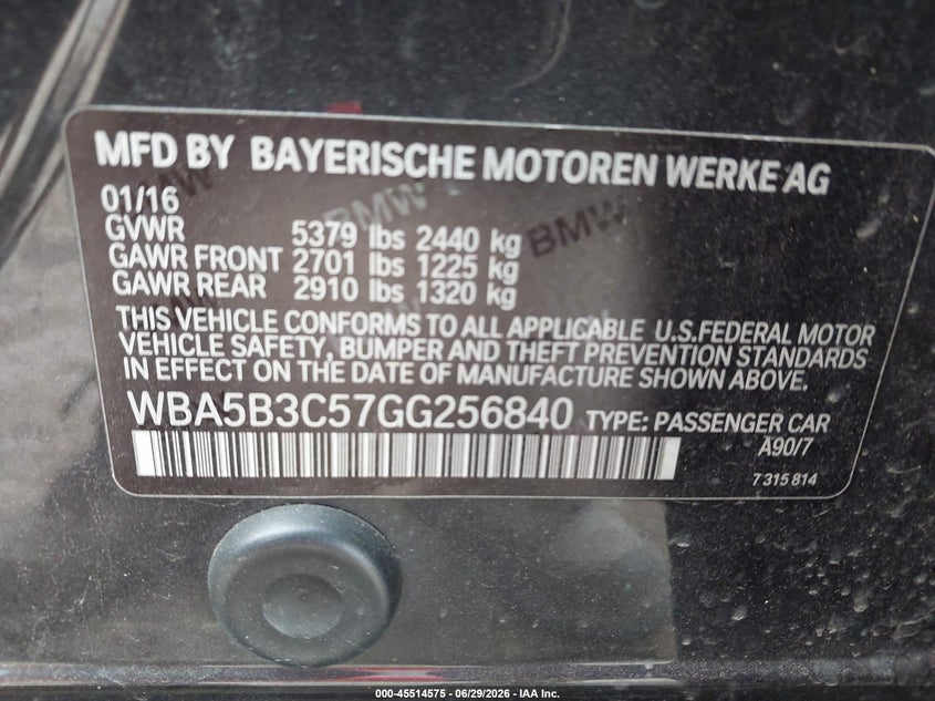 2016 BMW 5er VIN WBA5B3C57GG256840 IAAI salvage auction — FRONT END, Salvage Title, sold $2,750 on 2026-07-21 (photo 9)