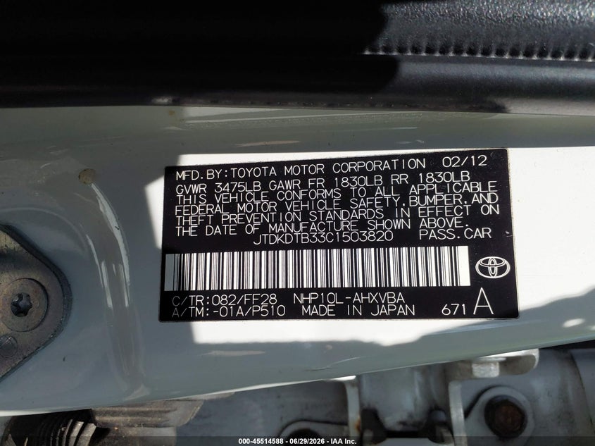 2012 Toyota Prius c VIN JTDKDTB33C1503820 IAAI salvage auction — FRONT END, Salvage (Rhode Island), sold $925 on 2026-08-01 (photo 9)