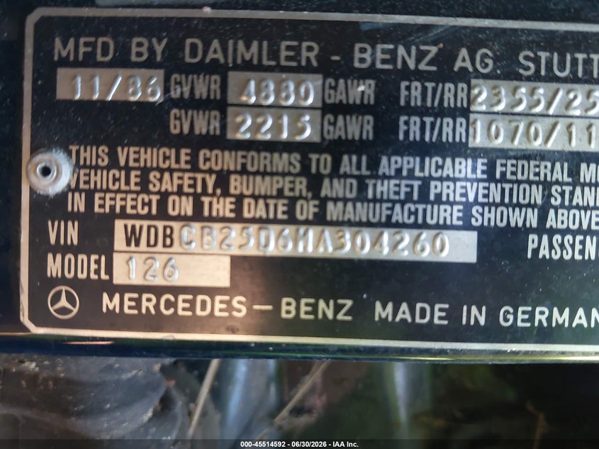 1987 Mercedes-benz 300 VIN WDBCB25D6HA304260 IAAI salvage auction — NORMAL WEAR, Clear (North Carolina), sold $725 on 2026-07-09 (photo 9)
