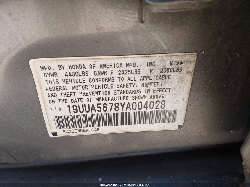2000 Acura Tl VIN 19UUA5678YA004028 IAAI salvage auction — FRONT END, Salvage (Georgia), sold $300 on 2026-08-02 (photo 9)