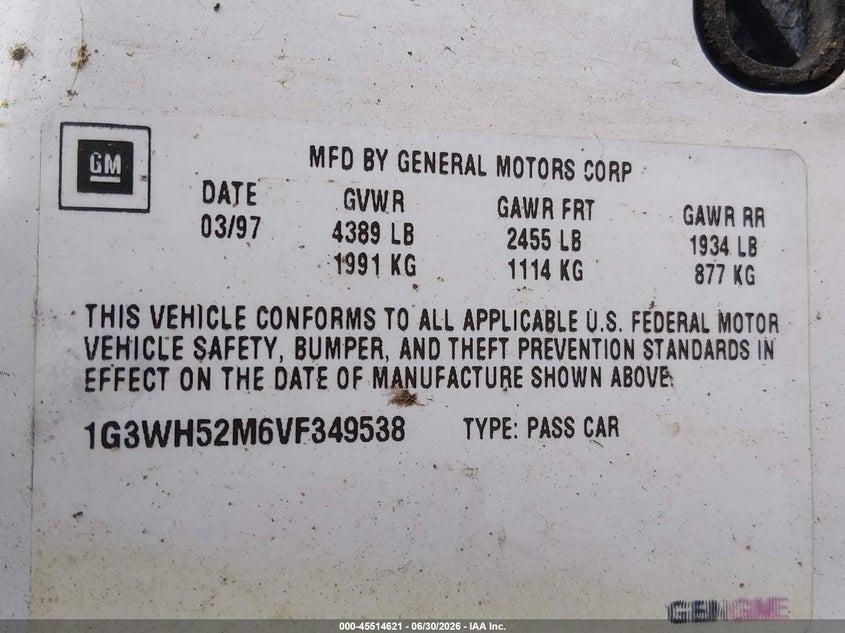 1997 Oldsmobile Cutlass supreme VIN 1G3WH52M6VF349538 IAAI salvage auction — NORMAL WEAR, Clear (Washington), sold $225 on 2026-07-08 (photo 9)