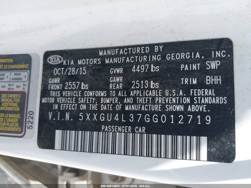 2016 Kia Optima VIN 5XXGU4L37GG012719 IAAI salvage auction — NORMAL WEAR, Original (Texas), sold $625 on 2026-07-19 (photo 9)