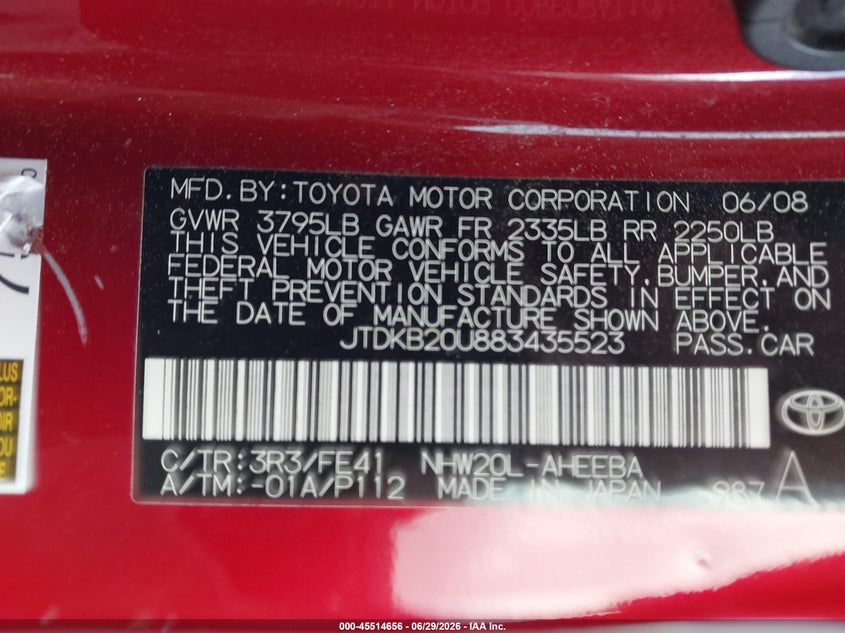 2008 Toyota Prius VIN JTDKB20U883435523 IAAI salvage auction — NORMAL WEAR, Clear (North Carolina), sold $1,450 on 2026-07-15 (photo 9)