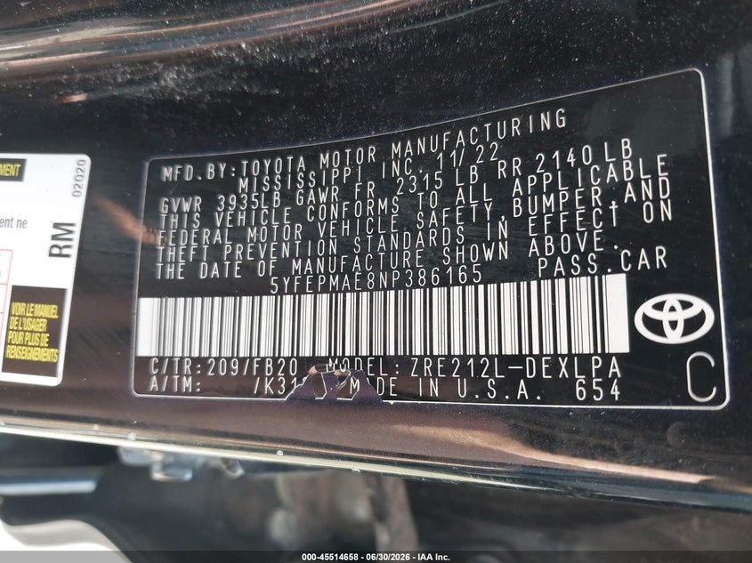 2022 Toyota Corolla VIN 5YFEPMAE8NP386165 IAAI salvage auction — FRONT END, Salvage (Ohio), sold $1,250 on 2026-07-28 (photo 9)