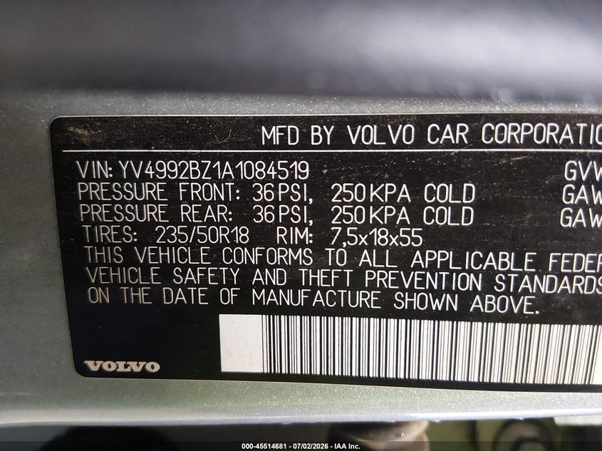 2010 Volvo Xc70 VIN YV4992BZ1A1084519 IAAI salvage auction — ENGINE DAMAGE, Junk Bill Of Sale Mv2459 (Wisconsin), sold $275 on 2026-08-05 (photo 9)