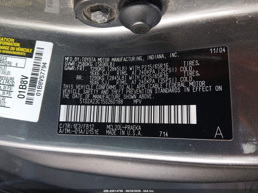 2005 Toyota Sienna VIN 5TDZA23C15S260188 IAAI salvage auction — NORMAL WEAR, Clear (Louisiana), sold $600 on 2026-07-15 (photo 8)