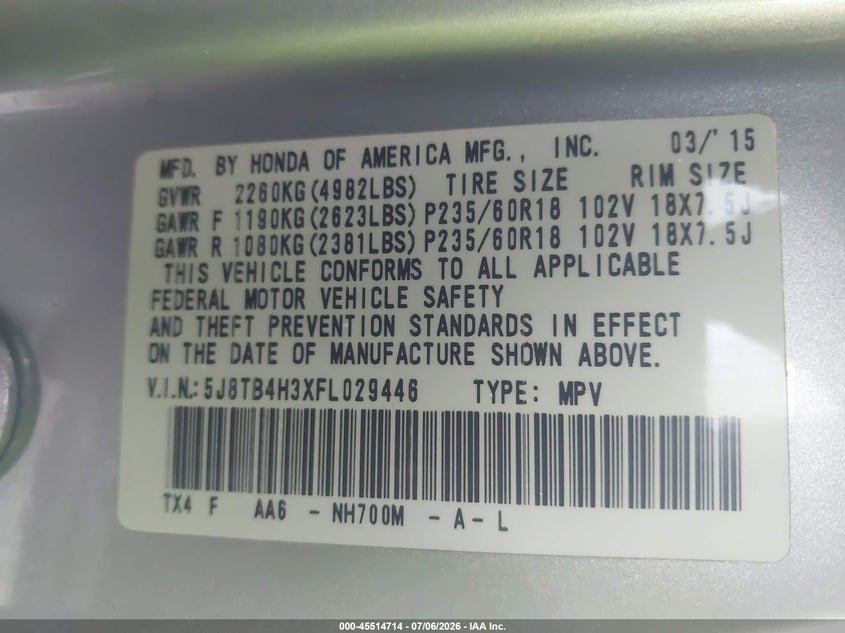 2015 Acura Rdx VIN 5J8TB4H3XFL029446 IAAI salvage auction — FRONT END, Salvage (Pennsylvania), sold $2,050 on 2026-07-24 (photo 9)