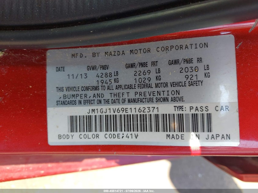2014 Mazda 6 VIN JM1GJ1V69E1162371 IAAI salvage auction — FRONT END, Salvage (Mississippi), sold $400 on 2026-07-30 (photo 9)