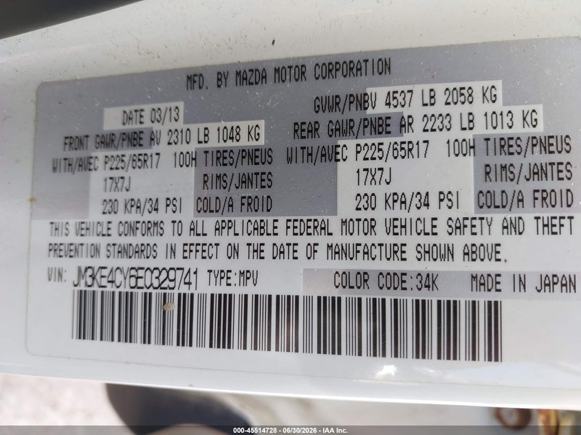 2014 Mazda Cx-5 VIN JM3KE4CY6E0329741 IAAI salvage auction — NORMAL WEAR, Original (Maine), sold $3,300 on 2026-07-06 (photo 9)