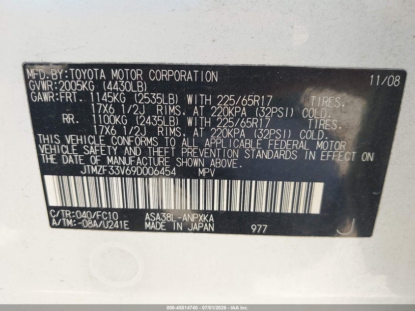 2009 Toyota Rav4 VIN JTMZF33V69D006454 IAAI salvage auction — SIDE, Original (Texas), sold $1,300 on 2026-08-02 (photo 9)