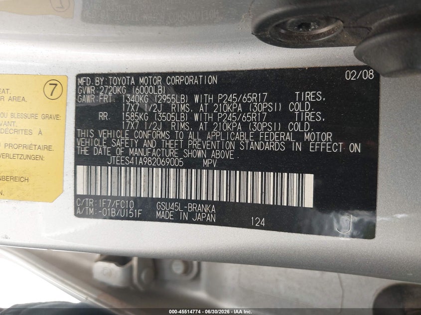 2008 Toyota Highlander VIN JTEES41A982069005 IAAI salvage auction — NORMAL WEAR, Original (Texas), sold $1,400 on 2026-07-20 (photo 9)