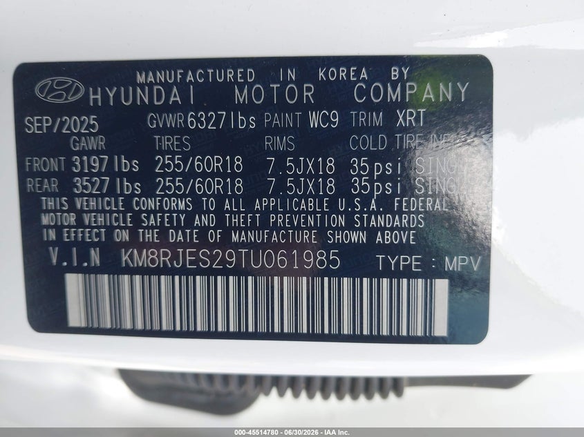 2026 Hyundai Palisade VIN KM8RJES29TU061985 IAAI salvage auction — LEFT FRONT, Salvage (Texas), sold $18,500 on 2026-07-30 (photo 9)